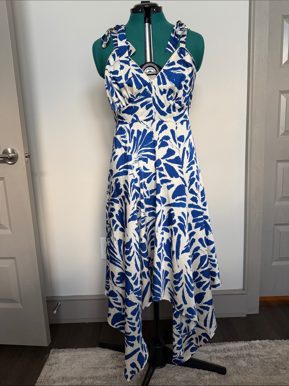 Alexis Blue and White High-Low Floral Tie-Shoulder Dress